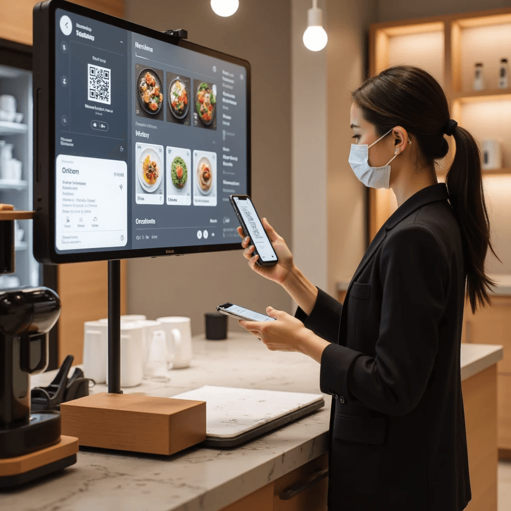 A customer placing an order from a screen with their phone