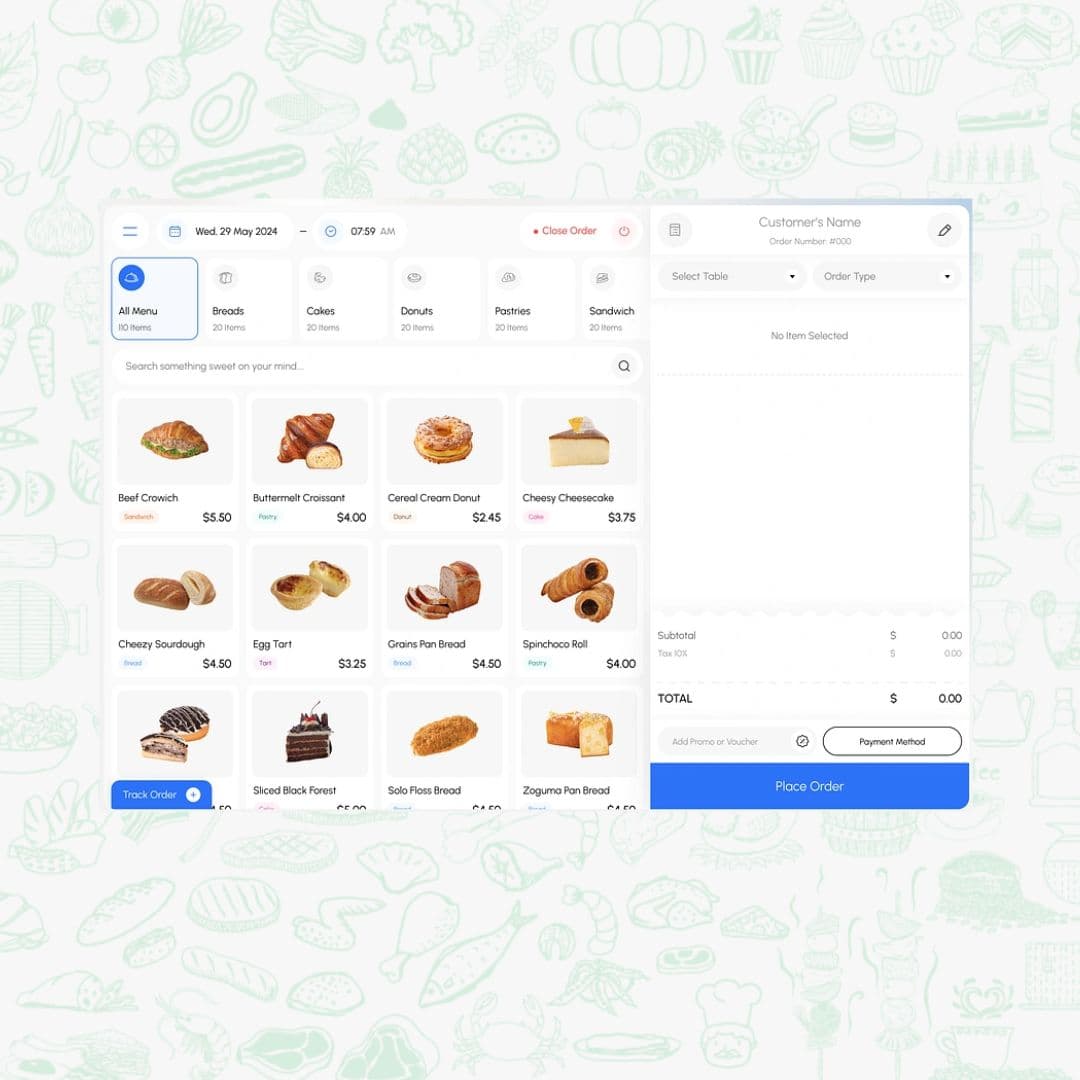 The Billjot billing counter: menu on the left, live order and bill on the right